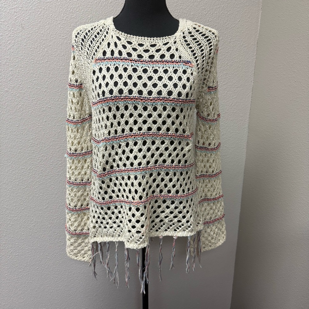 Poof! by Free People Open Knit Fringe Sweater Cream Boho Festival Beach Cover - Picture 2 of 10